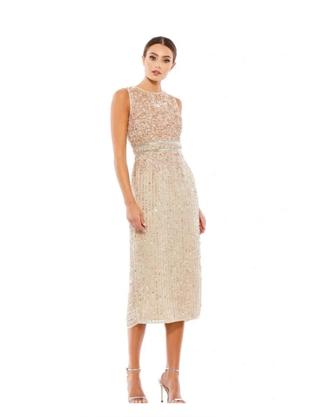 Mac Duggal- 10509 Sleeveless High Neck Beaded Midi Sheath Dress - Size 8